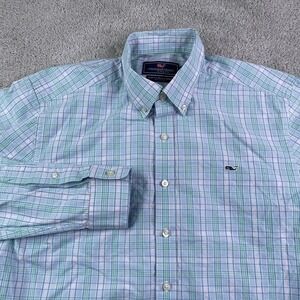 Vineyard Vines Shirt Mens Large Blue Pastel Plaid Slim Fit Whale Button Up Prep
